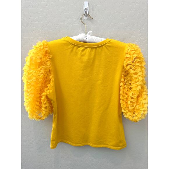 ANTHROPOLOGIE | Flat White Yellow Puff Sleeve Ruffle Textured Top | Size Small - Picture 5 of 8